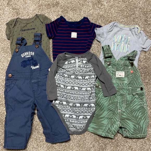 6 piece set of onesies and overalls. Like new! OshKosh, Carter’s, more! 6-12 mo.